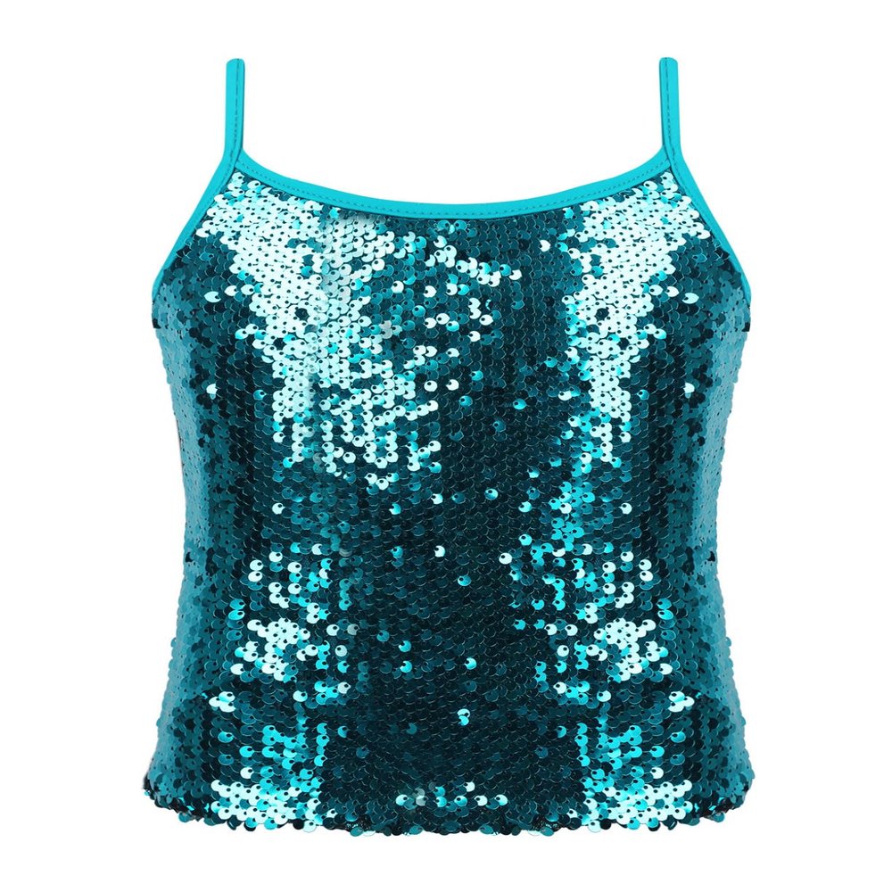 YEAHDOR Girls Glitter Sequins Cami Vest Jazz Ballet Dance Tank Top Stage Performance Adjustable Strap Tees Shirt Lake Blue 6 Years