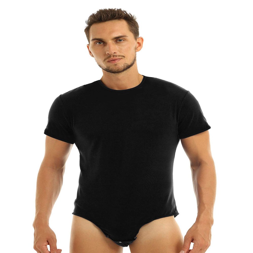inlzdz Men's Turn-Down Collar Short Sleeve Button Crotch Shirt Leotard One Piece Bodysuit Jumpsuit Unitard Black#Type B XX-Large