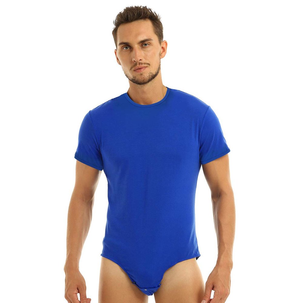 CHICTRY Men's One Piece Short Sleeve Round Neck T Shirt Leotard Bodysui Jumpsuit Undershirt Blue Large