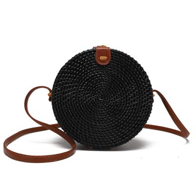 Ahtine Handwoven Round Rattan Bag for Women With Adjustable Strap Crossbody Straw Handbag (Black)