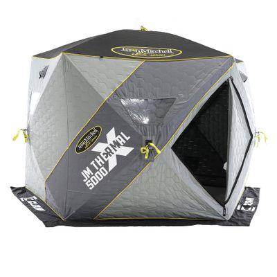 CLAM 14471 Portable 4 to 6 Person 9 Foot Jason Mitchell X5000 Ice Fishing Angler Thermal Hub Shelter Tent with Anchors, Tie Ropes, and Carrying Bag