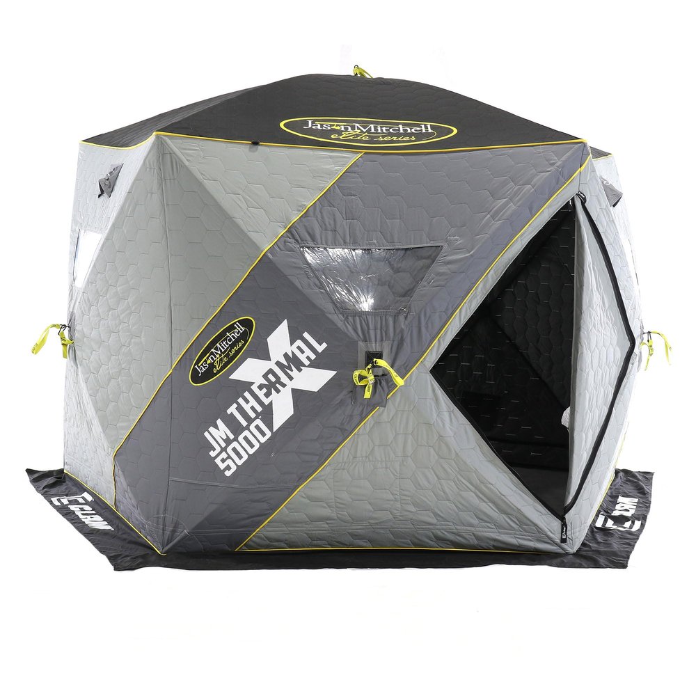 CLAM 14471 Portable 4 to 6 Person 9 Foot Jason Mitchell X5000 Ice Fishing Angler Thermal Hub Shelter Tent with Anchors, Tie Ropes, and Carrying Bag