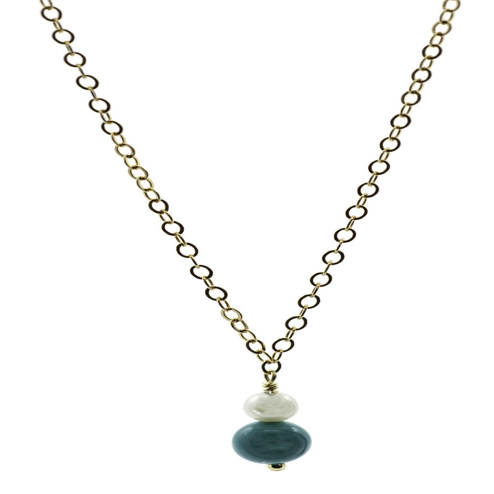 14k Gold Filled Chain Necklaces with Organic Cultured White Freshwater Pearls and Turquoise Centerpiece Drop, 3.5-4 mm 16" + 2" extender