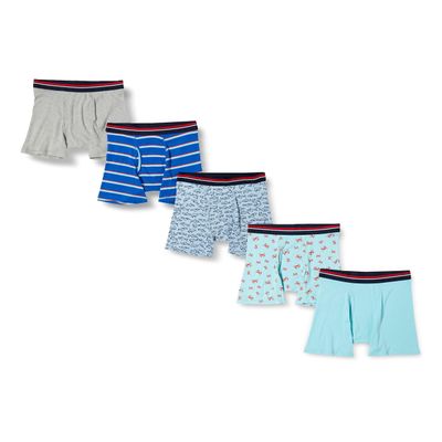 Amazon Essentials Men's Underwear Boxer Briefs, Comfortable Cotton, Tag-Free, Pack of 5, Blue Stripe/Crabs/Grey Heather/Light Blue/Sharks, Small