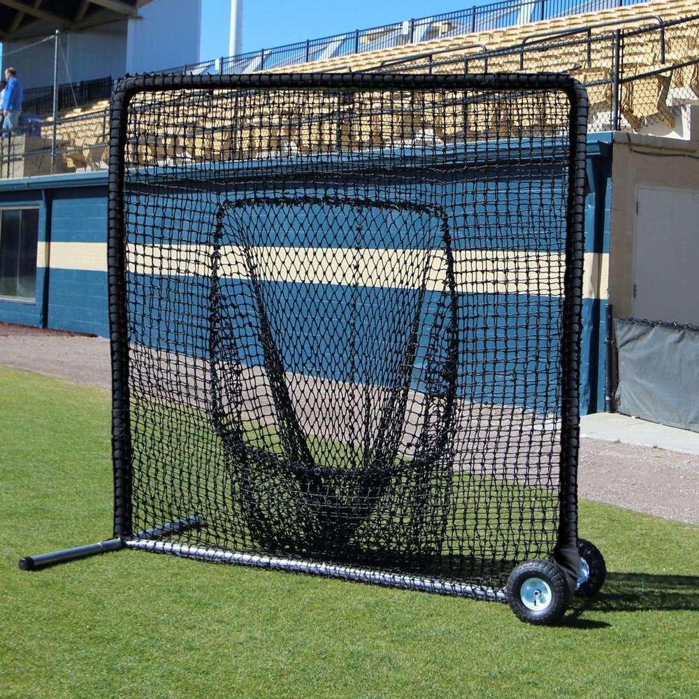 Cimarron Sports Steel Frame Baseball Softball Multi-Sport Sock Net for Batting Cage and Field Practice, Heavy Foam Wrapped Vinyl Padding, Built-in Wheels for Portability, 7'W x 7'H
