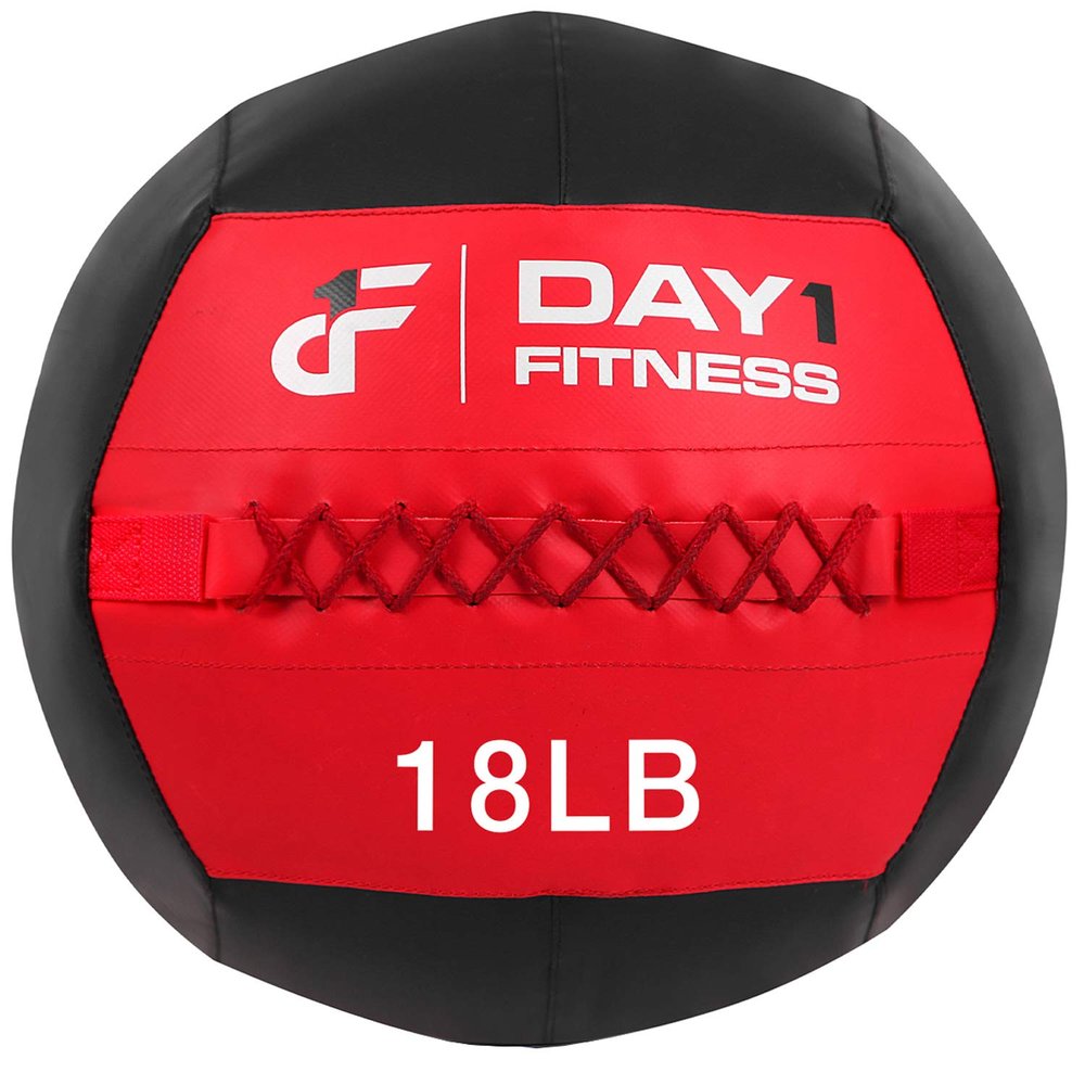 Day 1 Fitness Soft Wall Medicine Ball 18 Pounds RED/BLACK - for Exercise, Rehab, Core Strength, Large Durable Balls for Floor Exercises, Stretching