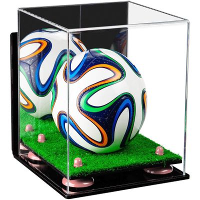 Better Display Cases Acrylic Mini - Miniature (not Full Size) Soccer Ball Display Case with Mirror Case, Pink Risers, Wall Mount and Turf Base (B03/A015)