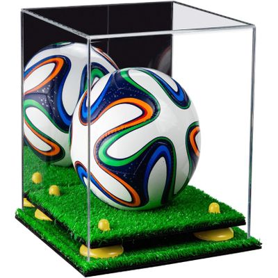 Better Display Cases Acrylic Mini - Miniature (not Full Size) Soccer Ball Display Case with Mirror Case, Yellow Risers and Turf Base (B03/A015)