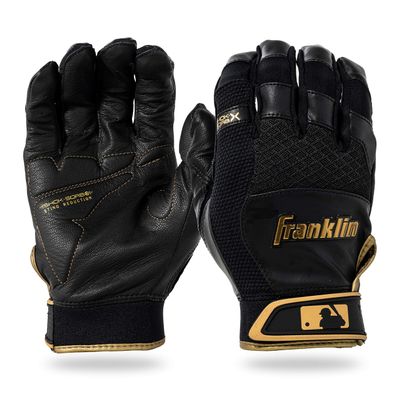 Franklin Sports Adult MLB Shok-Sorb X Batting Gloves, Adult Small, Pair, Black/Gold