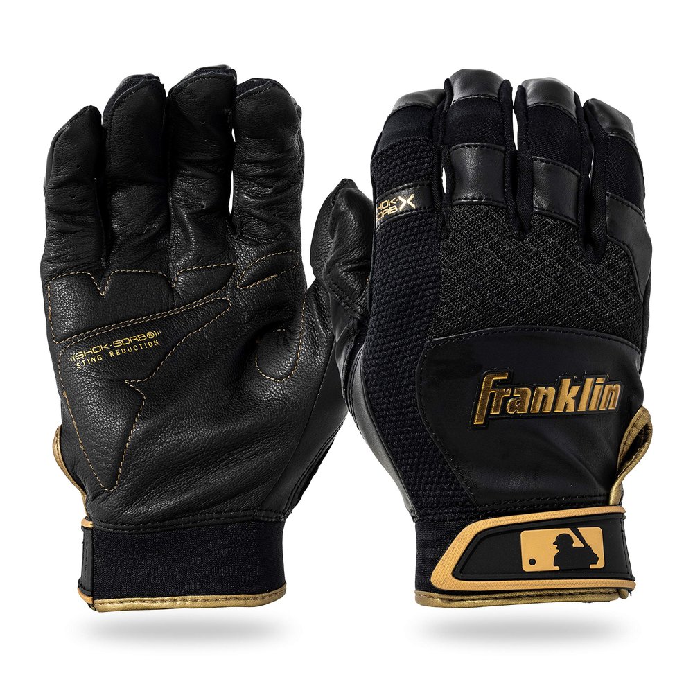 Franklin Sports Adult MLB Shok-Sorb X Batting Gloves, Adult Small, Pair, Black/Gold