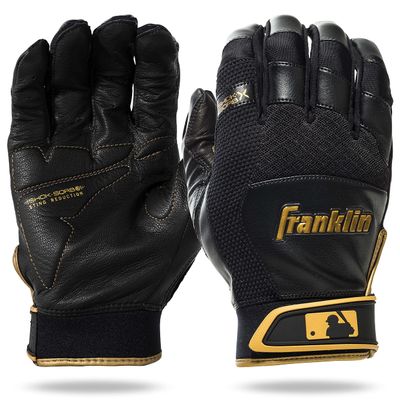 Franklin Sports Adult MLB Shok-Sorb X Batting Gloves, Adult Medium, Pair, Black/Gold