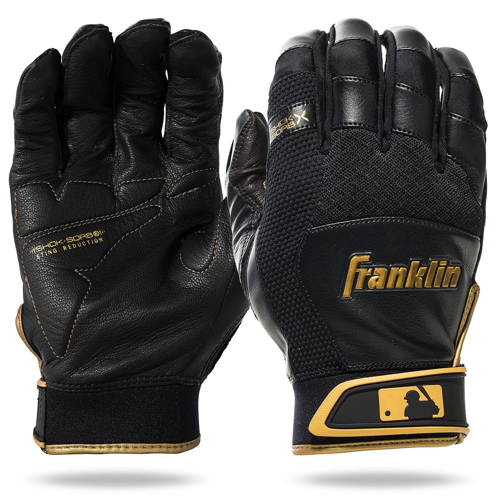 Franklin Sports Adult MLB Shok-Sorb X Batting Gloves, Adult Medium, Pair, Black/Gold