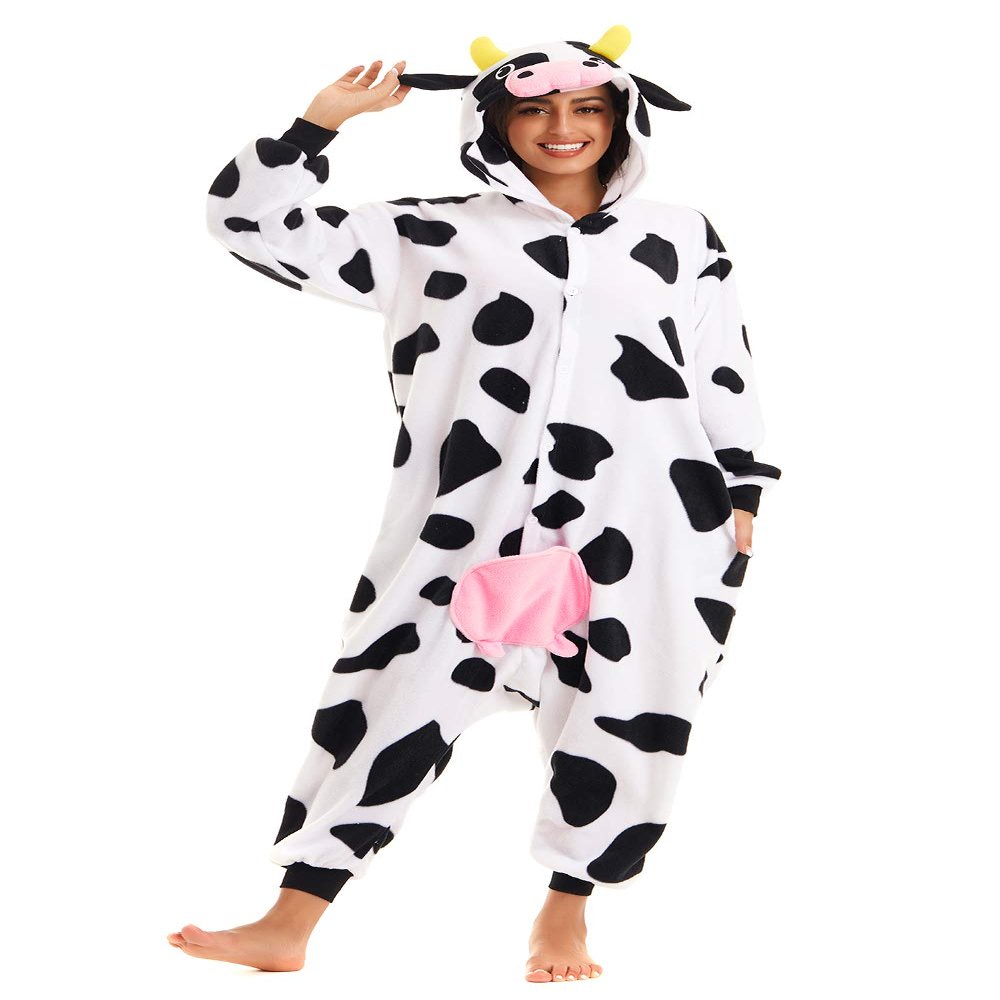 CANASOUR Polar Fleece Cow Costume Christmas Adult Anime Unisex Animal Cosplay Onesie (Large, Cow Black and White)
