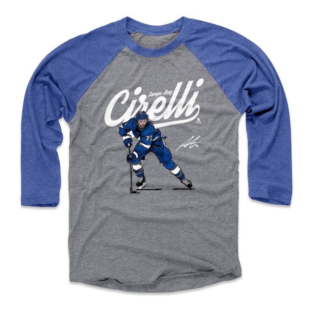 500 LEVEL Anthony Cirelli Tee Shirt (Baseball Tee, Medium, Royal/Heather Gray) - Tampa Bay Raglan Tee - Anthony Cirelli Score W WHT