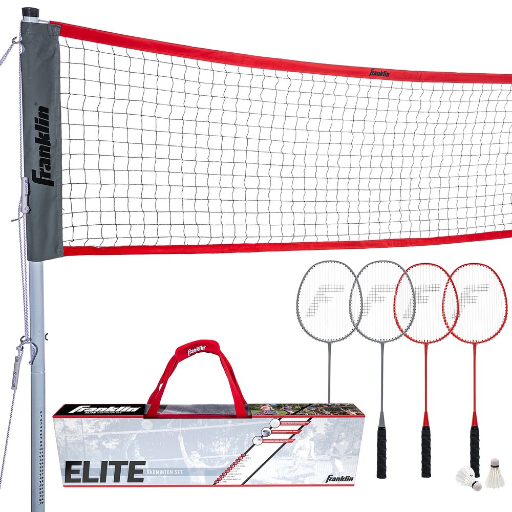 Franklin Sports Elite Badminton Net Set - Includes Badminton Rackets, Poles/Net, Stakes, Ropes, Boundary Kit - Beach or Backyard Game Set - Easy Setup