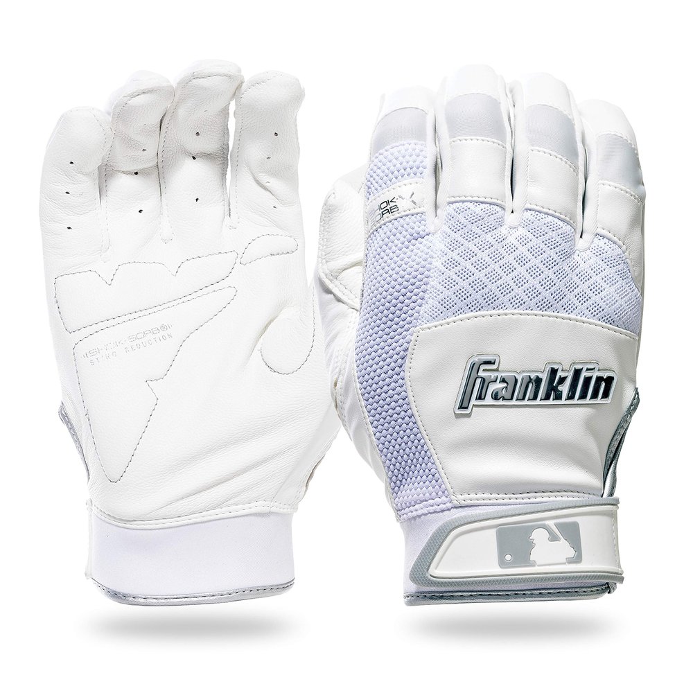 Franklin Sports Adult MLB Shok-Sorb X Batting Gloves, Adult X-Large, Pair, White/Chrome