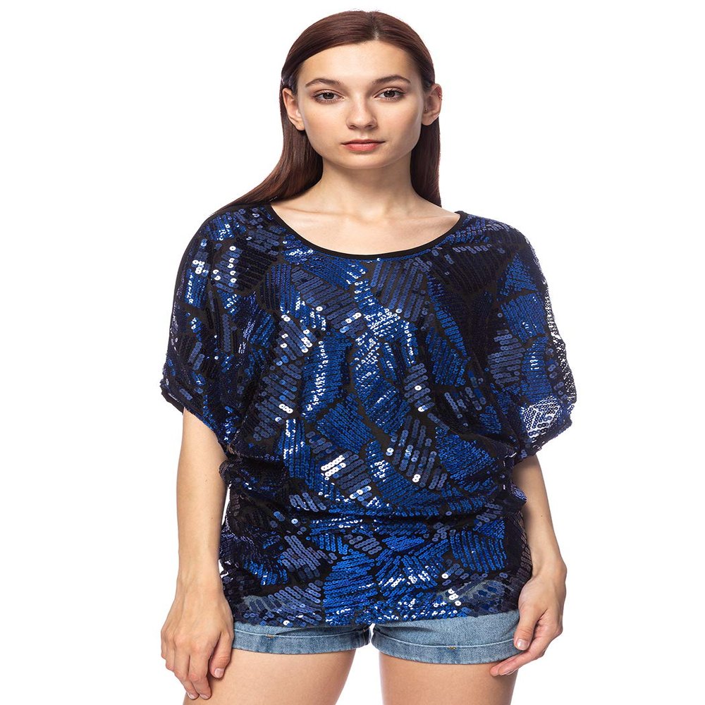 Anna-Kaci Womens Loose Fit Sequin Dolman Sleeve Evening Blouse Top, Blue, Large