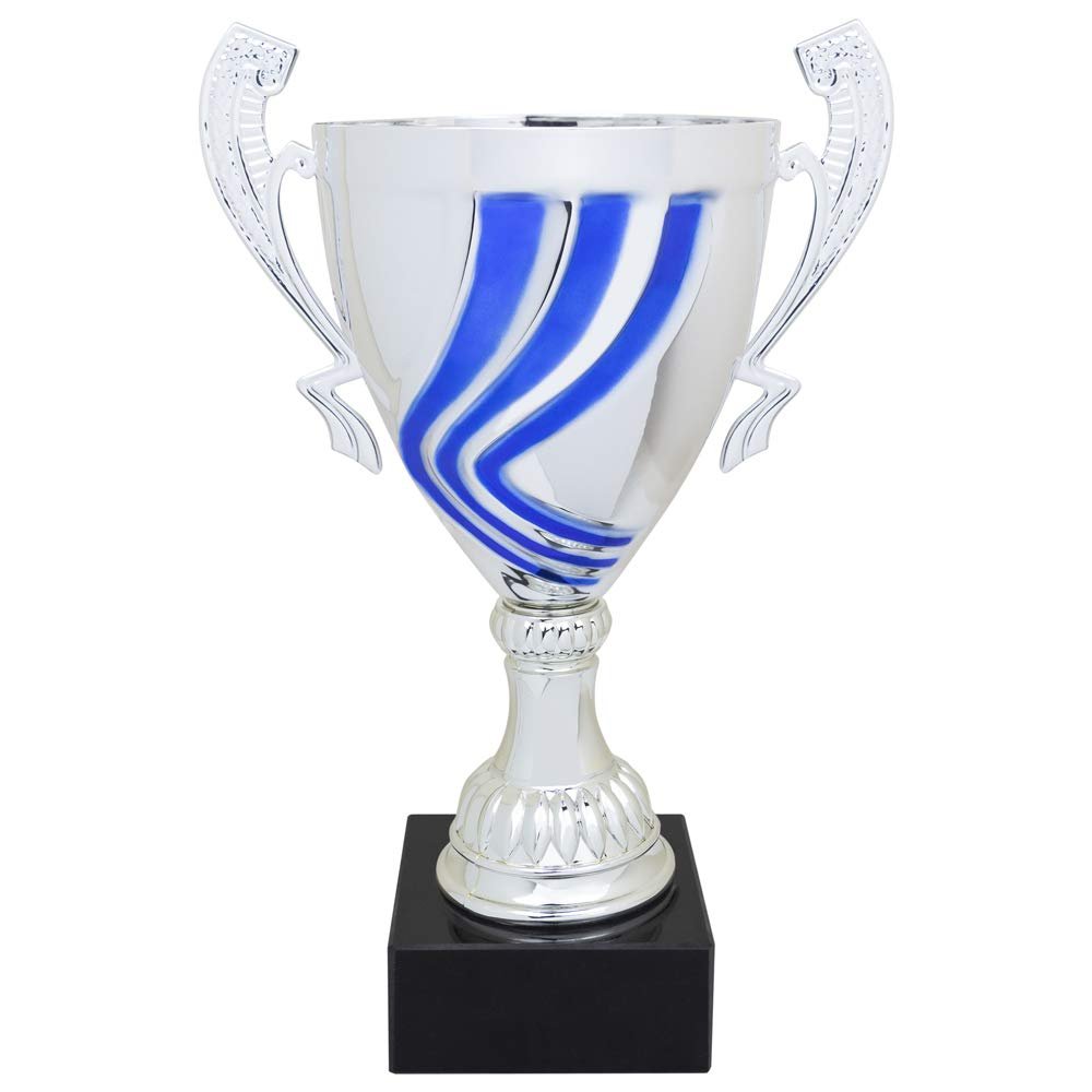 SHOP AWARDS AND GIFTS Customizable 14-1/4 Inch Silver Italian Swirl with Blue Stripes Trophy, Includes Personalization
