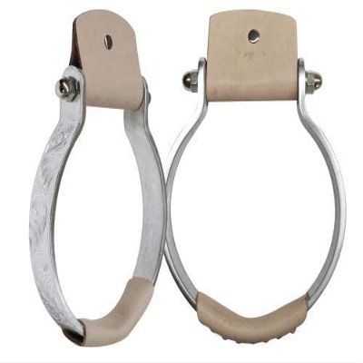 Showman Engraved Aluminum Oxbow Stirrups w/Leather Covered Tread