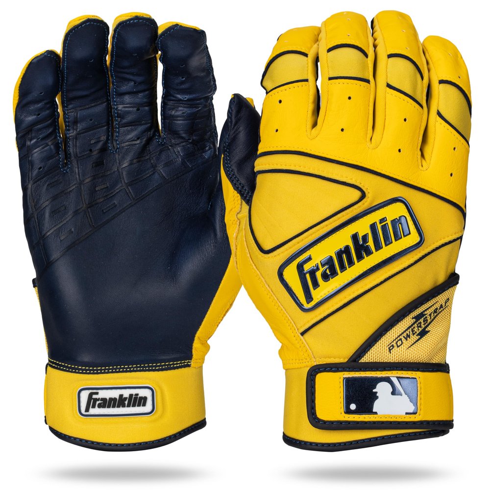 Franklin Sports MLB Baseball Batting Gloves - Powerstrap Adult + Youth Batting Gloves - Men's + Women's Baseball + Softball Gear - Boys + Girls - Yellow + Navy - Adult X-Large