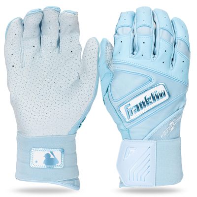 Franklin Sports MLB Batting Gloves -Infinite Powerstrap Baseball + Softball Batting Glove -Durable Full Wrap Cage Practice Gloves - Reinforced Wrist + Heavy Duty Leather - Adult Medium -Carolina Blue