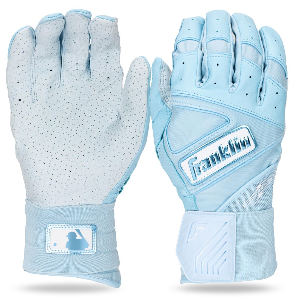 Franklin Sports MLB Batting Gloves -Infinite Powerstrap Baseball + Softball Batting Glove -Durable Full Wrap Cage Practice Gloves - Reinforced Wrist + Heavy Duty Leather - Adult Medium -Carolina Blue