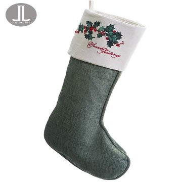 22" Rhinestone Holly Linen Stocking Beige Green (pack of 6)