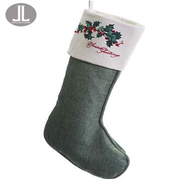 22" Rhinestone Holly Linen Stocking Beige Green (pack of 6)