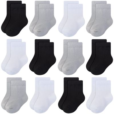 RATIVE Basic Cotton Crew Socks for Unisex Baby Infant Toddler Kids Boys Girls(1-3T,12-pairs/4black+4white+4grey)