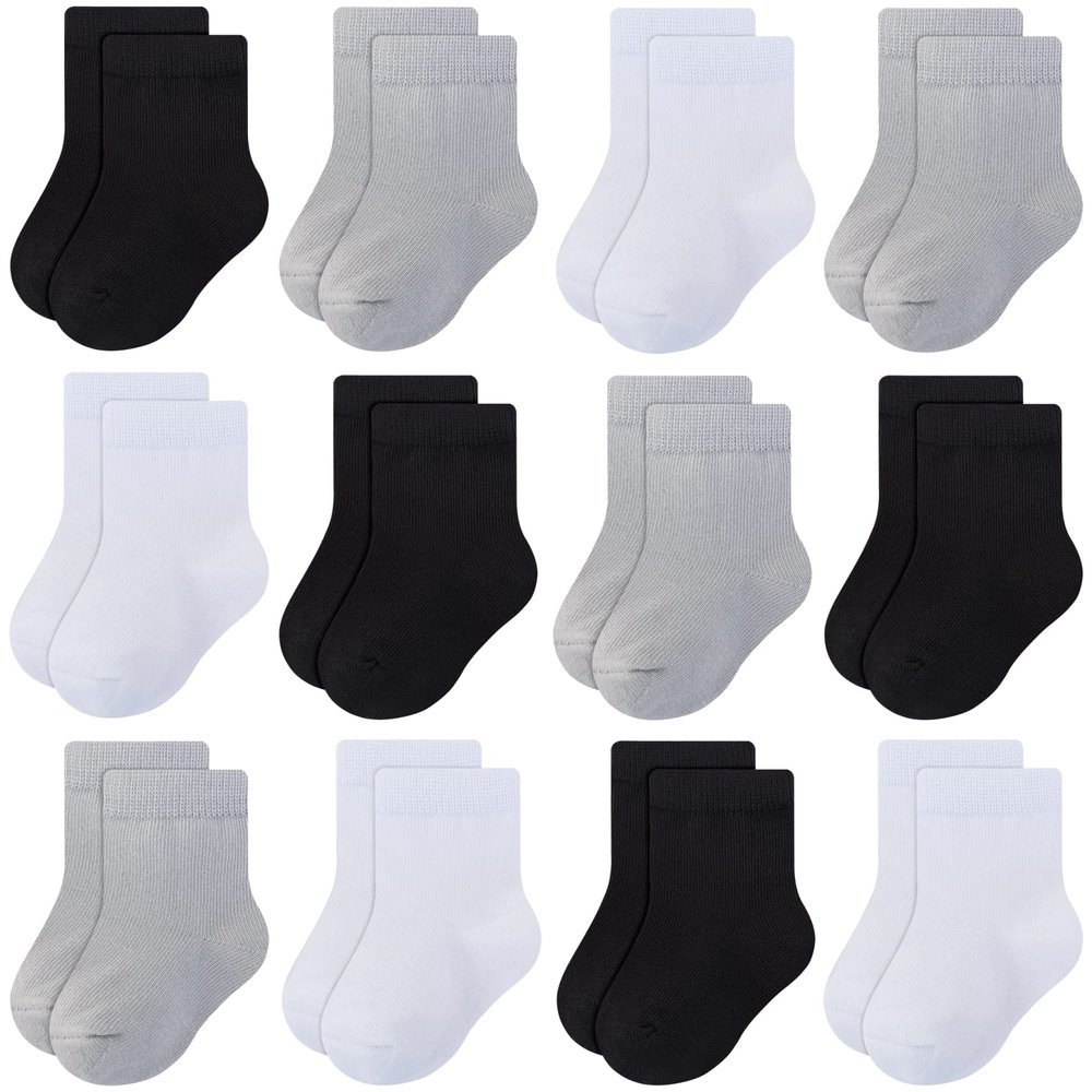RATIVE Basic Cotton Crew Socks for Unisex Baby Infant Toddler Kids Boys Girls(1-3T,12-pairs/4black+4white+4grey)