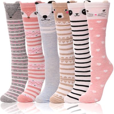 ANTSANG Kids Girls Knee High Socks Long Boot Crazy Silly Fun Gift Cute Tall Animal Socks for Child 6 Pairs Stocking Stuffers Gifts for 10 Year Old Girls Birthday Gifts Ideas(Wavy Stripes Fox)