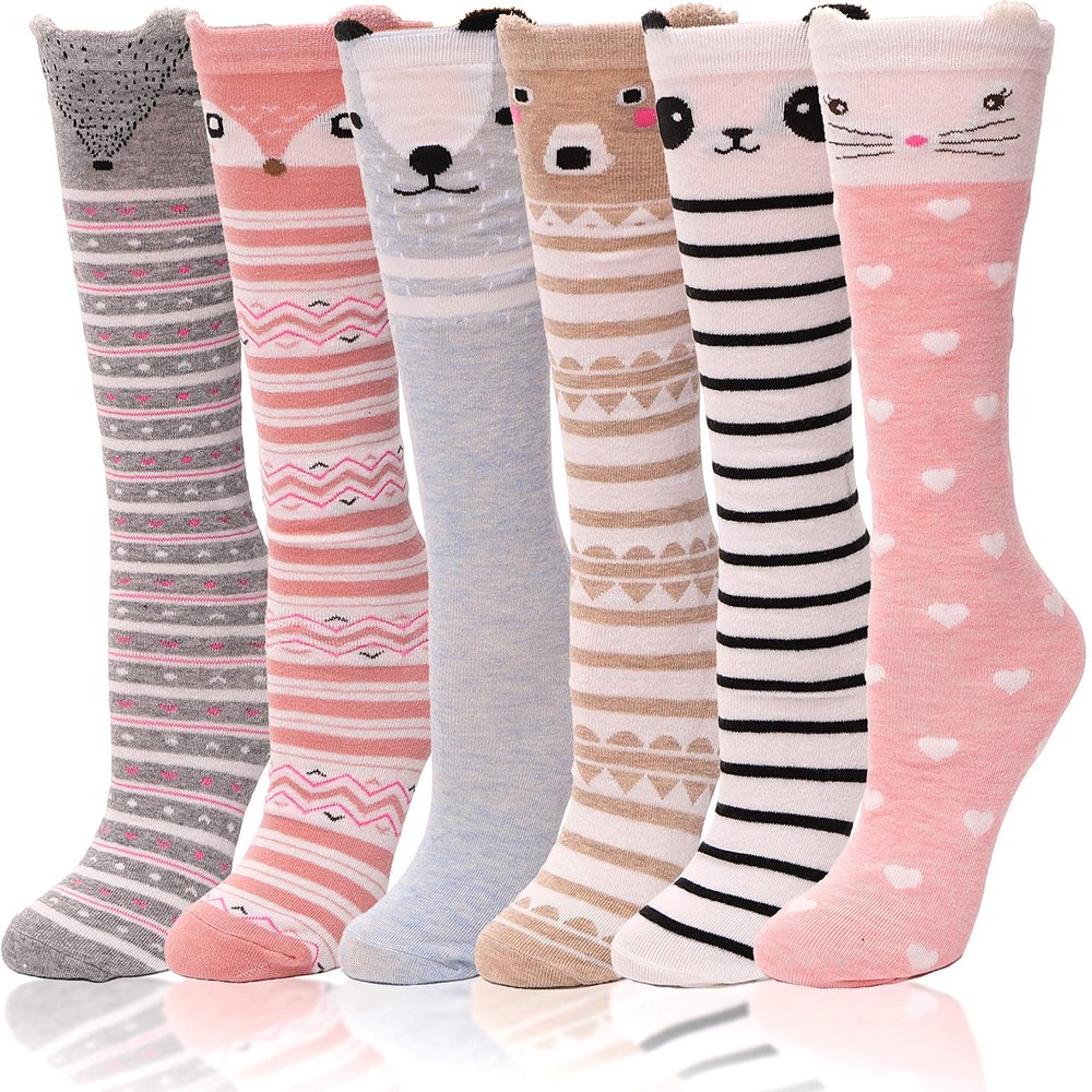 ANTSANG Kids Girls Knee High Socks Long Boot Crazy Silly Fun Gift Cute Tall Animal Socks for Child 6 Pairs Stocking Stuffers Gifts for 10 Year Old Girls Birthday Gifts Ideas(Wavy Stripes Fox)