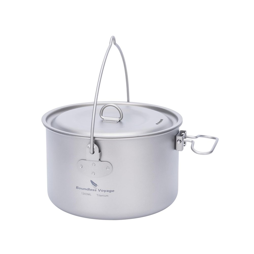 iBasingo 1.3L (1300ml) Titanium Pot with Lid Lightweight Backpacking Cook Pot for Solo Camping, Hiking & Backpackers, Portable Camping Cookware with Measurement Marks Ti2043C