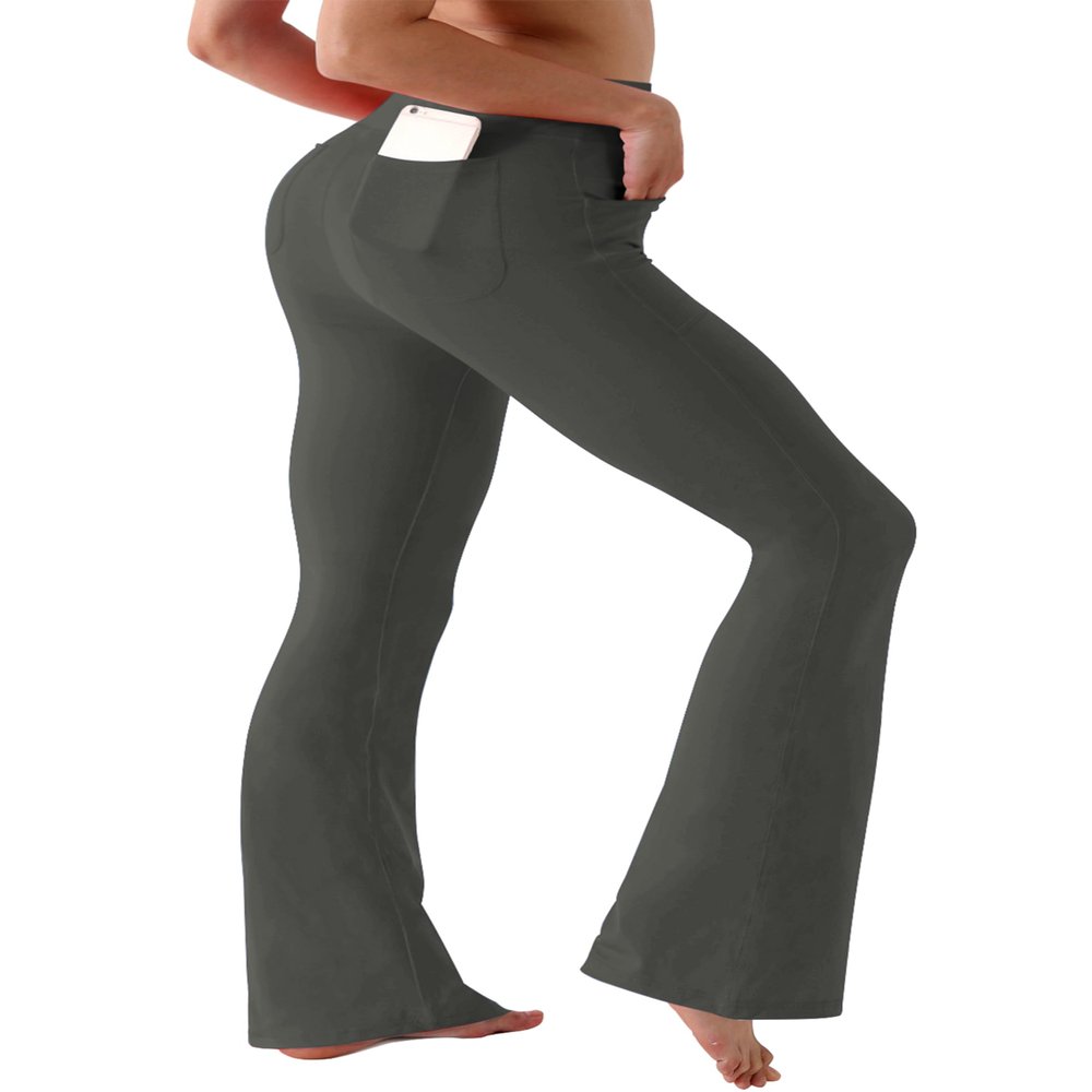 BUBBLELIME 29"/31"/33"/35" 4 Styles Women's High Waist Bootcut Yoga Pants - Out Pockets_OLIVEGRAY M-33 Inseam