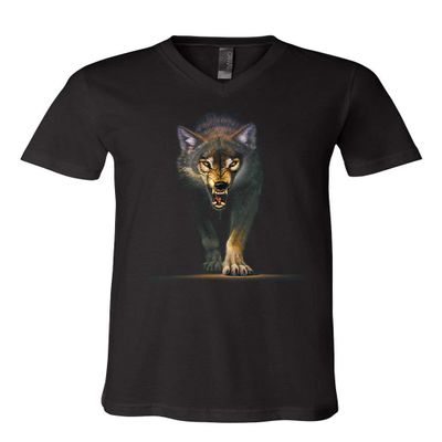 Stalking Growling Wolf V-Neck T-Shirt Claws and Fangs Wolf On The Hunt Tee Black Small