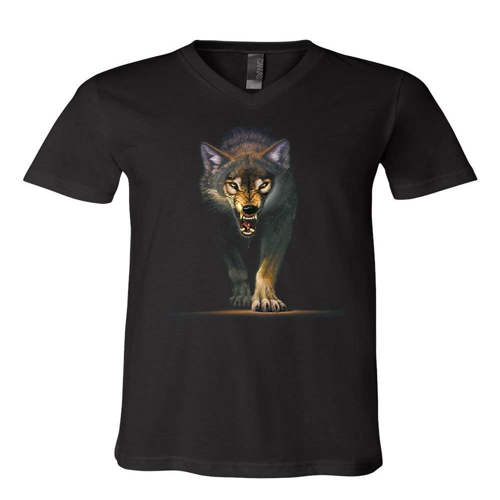 Stalking Growling Wolf V-Neck T-Shirt Claws and Fangs Wolf On The Hunt Tee Black Small