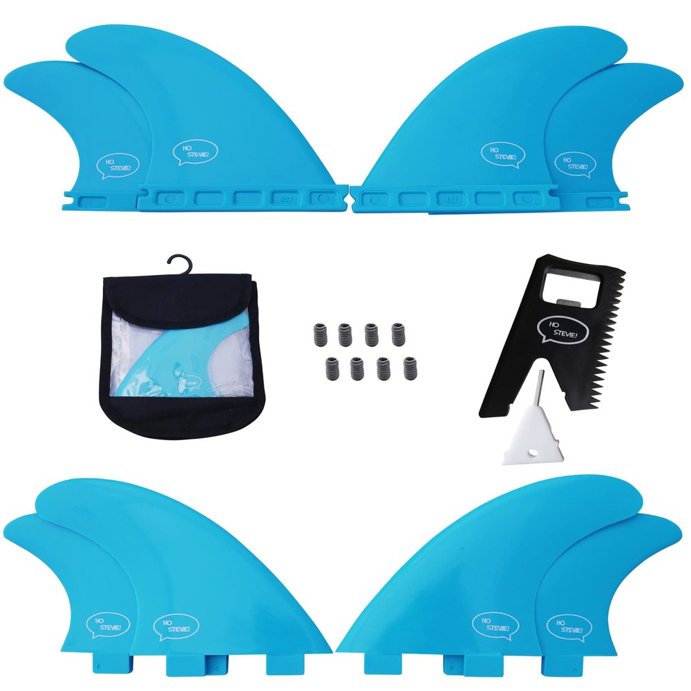 Ho Stevie! FRP Quad (4) Surfboard Fins - Stronger Than Regular Nylon Fins - Includes Fin Bag, Screws, Wax Comb and Fin Key (Aqua, Single Tab)