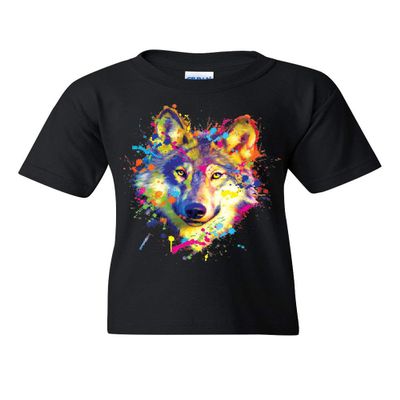 Neon Wolf Head Youth T-Shirt Paint Splatter Lone Wolf Spirit Animal Kids Tee Black Small