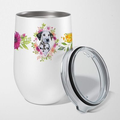 Caroline's Treasures CK4136TBL12 Dalmatian Puppy Pink Flowers Stainless Steel 12 oz Stemless Wine Glass Insulated Wine Tumbler with Lid, Cute Travel Cup for Coffee, Cocktails, Gift Women, Mother