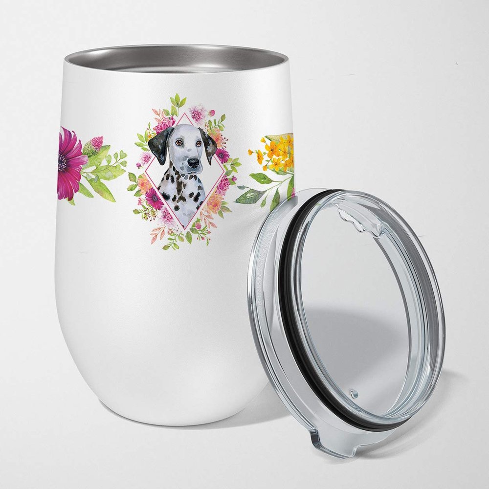 Caroline's Treasures CK4136TBL12 Dalmatian Puppy Pink Flowers Stainless Steel 12 oz Stemless Wine Glass Insulated Wine Tumbler with Lid, Cute Travel Cup for Coffee, Cocktails, Gift Women, Mother