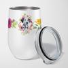 Caroline's Treasures CK4136TBL12 Dalmatian Puppy Pink Flowers Stainless Steel 12 oz Stemless Wine Glass Insulated Wine Tumbler with Lid, Cute Travel Cup for Coffee, Cocktails, Gift Women, Mother view 1