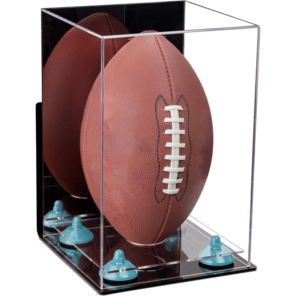 Football Display Case, Durable Clear Display Case with Mirror & Clear Base, Wall Mounted Case for Full Size Footballs, Sports Memorabilia, Collectibles, Keepsakes, Autographed Balls Items (A060-BLR)