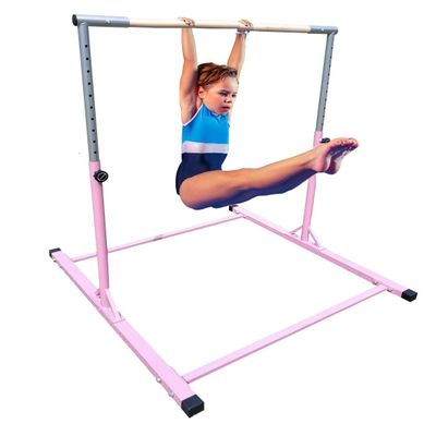 Kids Kip Bar Jungle Gym Professional Horizontal Gymnastics Asymmetric Bar Height Adjustable Expandable 3 to 5 FT Pink