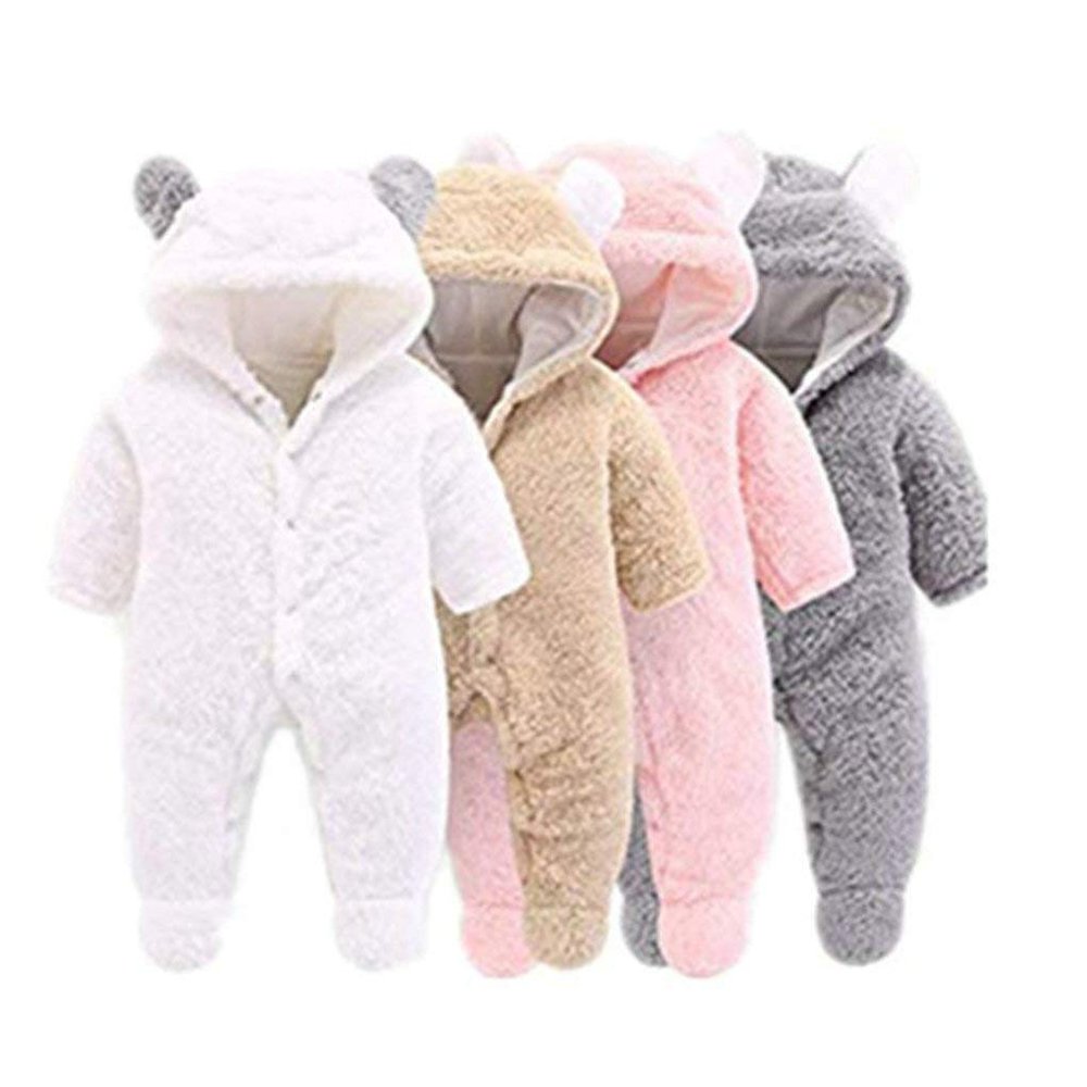 XYSSWW Autumn Winter Newborn Cartoon Bear Snowsuit Warm Wool Hooded Jumpsuit (White, 0-3M)