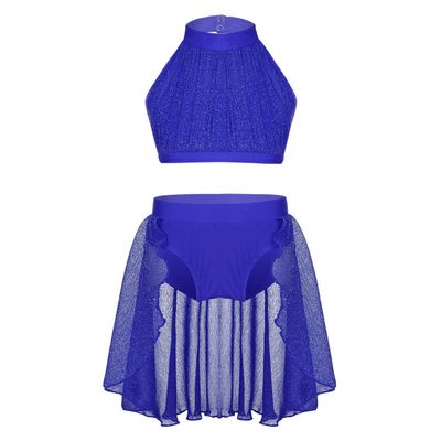 iiniim Kids Girls Two Piece Dance Crop Bra Top with Shorts Gymmnastics Active Workout Sports Swimming Outfit Set (Lyrical Mock Blue, 2)