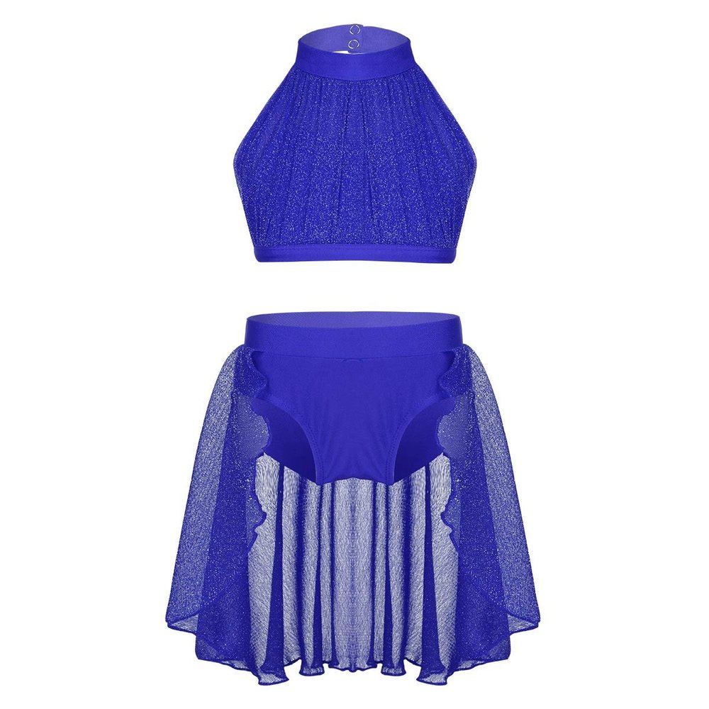 iiniim Kids Girls Two Piece Dance Crop Bra Top with Shorts Gymmnastics Active Workout Sports Swimming Outfit Set (Lyrical Mock Blue, 2)