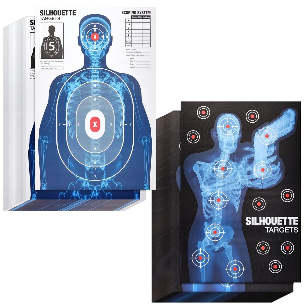 Paper Targets for Shooting Range - 25 x 38 in, 50 Pack, 2 Human Silhouette Designs - Realistic X-Ray Skeleton Anatomy with Red Scoring Marks - Indoor & Outdoor Pistol Targets