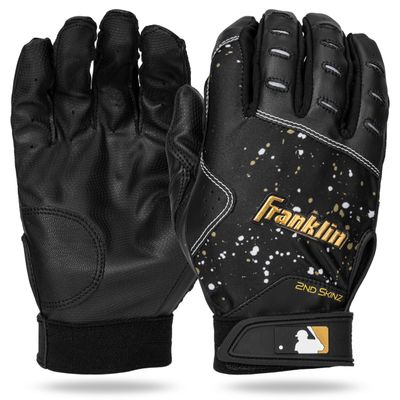 Franklin Sports MLB Batting Gloves - 2nd Skinz Drip Baseball + Softball Batting Gloves - Adult + Youth Premium Leather Pair - Black + Gold - Adult Extra Large