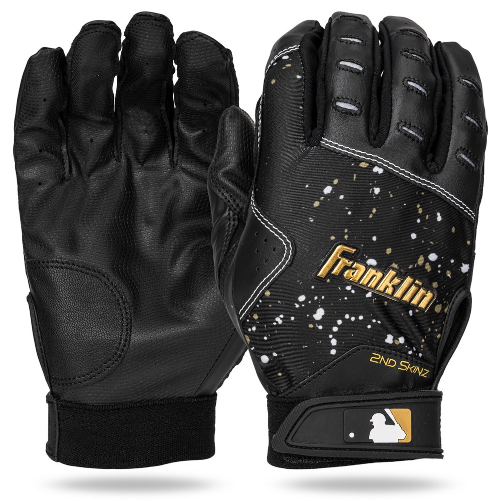 Franklin Sports MLB Batting Gloves - 2nd Skinz Drip Baseball + Softball Batting Gloves - Adult + Youth Premium Leather Pair - Black + Gold - Adult Extra Large