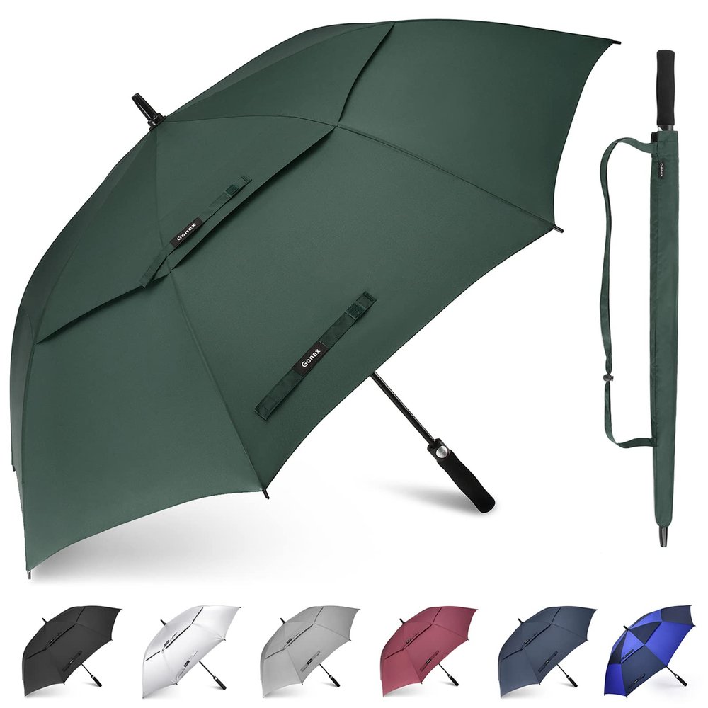 Gonex 62 Inch Extra Large Golf Umbrella, Automatic Open Travel Rain Umbrella with Windproof Water Resistant Double Canopy, Oversize Vented Umbrellas for 2-3 Men and UV Protection, Dark Green